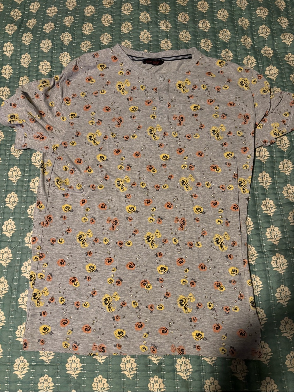 Men's Gray Short-Sleeve Henley with Yellow & Orange Floral Print